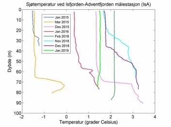 Sammenligning av temperaturprofiler fra Adventfjorden: den kaldeste vinteren i nyere tid (2014-2015) og relativt varme vintre i nyere tid (2015-2016) og så langt i år (2018-2019).