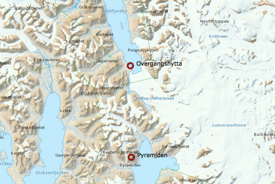 Turfølget var på vei fra Pyramiden til Overgangshytta da de fikk problemer. Turfølget var på vei fra Pyramiden til Overgangshytta da de fikk problemer.