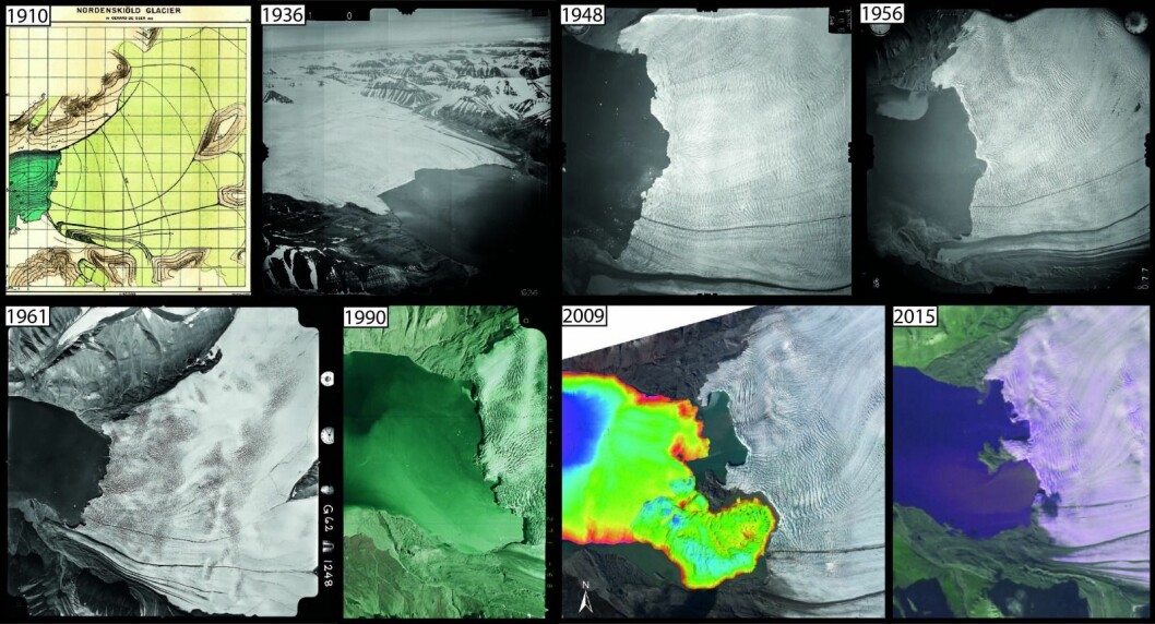 Historisk og nyere materiale dokumenterer isbreens tilbaketrekning. Fra 1896 til 2015 har Nordenskiöldbreen trukket seg 2,3 til 3,5 kilometer tilbake. Historisk og nyere materiale dokumenterer isbreens tilbaketrekning. Fra 1896 til 2015 har Nordenskiöldbreen trukket seg 2,3 til 3,5 kilometer tilbake.