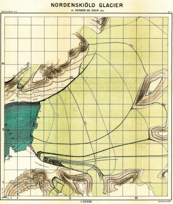 Kart over Nordenskiöldbreen tegnet av Gerard de Geer i 1910. Kartet viser hvor brefronten stod i 1898 og 1908. Kart over Nordenskiöldbreen tegnet av Gerard de Geer i 1910. Kartet viser hvor brefronten stod i 1898 og 1908.