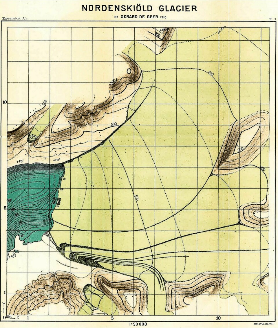 Kart over Nordenskiöldbreen tegnet av Gerard de Geer i 1910. Kartet viser hvor brefronten stod i 1898 og 1908.