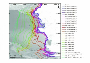 Satellittbilde fra 2015 med alle de 28 rekonstruerte isfrontposisjonene til Nordenskiöldbreen fra 1896 til 2015. Satellittbilde fra 2015 med alle de 28 rekonstruerte isfrontposisjonene til Nordenskiöldbreen fra 1896 til 2015.