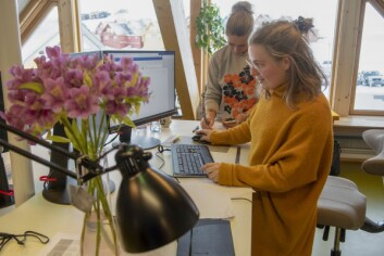 Kontorpultene er midt i rommet med utsikt til torget og spisshusene. Lilli Wickström og Sigrid Feiner-Endresen (bak). Kontorpultene er midt i rommet med utsikt til torget og spisshusene. Lilli Wickström og Sigrid Feiner-Endresen (bak).