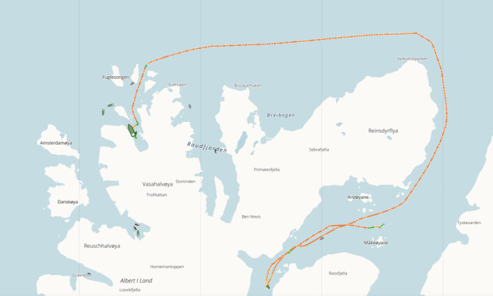 <span class=" font-weight-bold" data-lab-font_weight_desktop="font-weight-bold">Turen: </span>Data hentet fra NAIS-tjenesten til BarentsWatch viser her ruten M/S Virgo seilte før den grunnstøtte. <span class=" font-weight-bold" data-lab-font_weight_desktop="font-weight-bold">Turen: </span>Data hentet fra NAIS-tjenesten til BarentsWatch viser her ruten M/S Virgo seilte før den grunnstøtte.