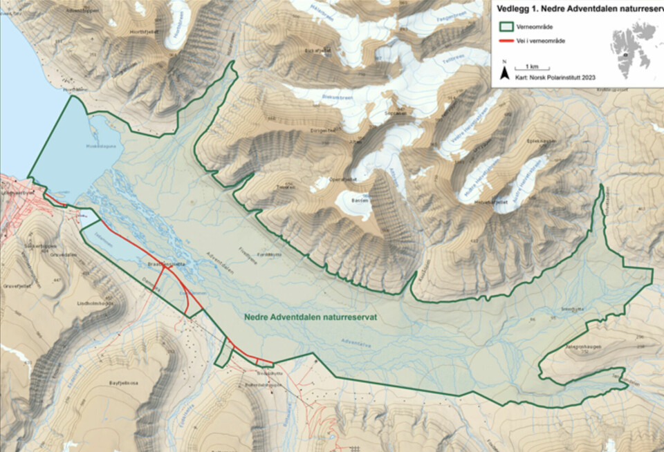 Kart over foreslått naturreservat. De grønne linjene viser de foreslåtte grensene for reservatet. De røde er bilveier.