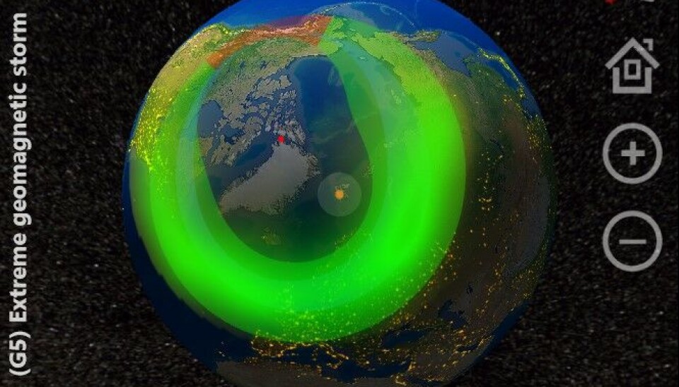 Et sjeldent skjermbilde fra Aurora 3D - Unis sin egen App for nordlysvarsling. Den beregnede nordlysovalen går langt ned til Mellom-Europa, og forstyrrelsesindeksen KP, som angir styrken på stormen, gikk til bunns på skalaen.