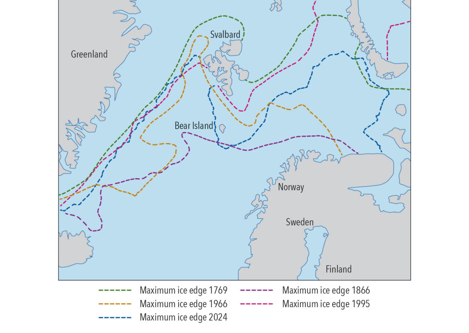 Posisjonen til iskanten i april 1769, 1866, 1966 og 1995 er fra NPI årbok 1999. Posisjonen i 2024 er fra ArcticInfo, lastet ned 16.4.