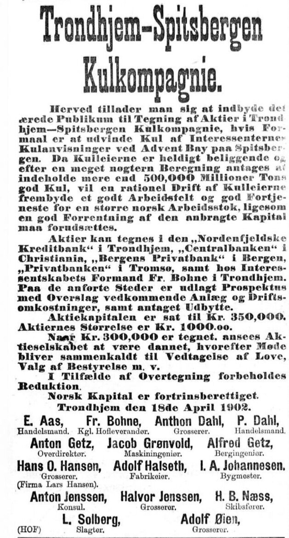 Aksjeinnbydelse som ble annonsert i Aftenposten i 1902.