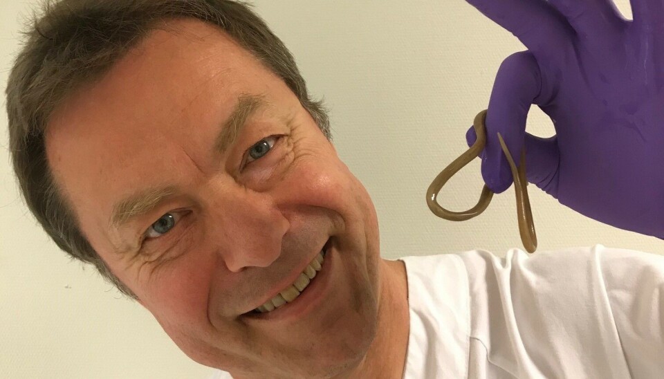 Testen som kan påvise parasitten, er lite egnet for bred testing av befolkningen, mener parasittolog Tore Lier ved UNN. Her er han avbildet med en helt annen type orm.